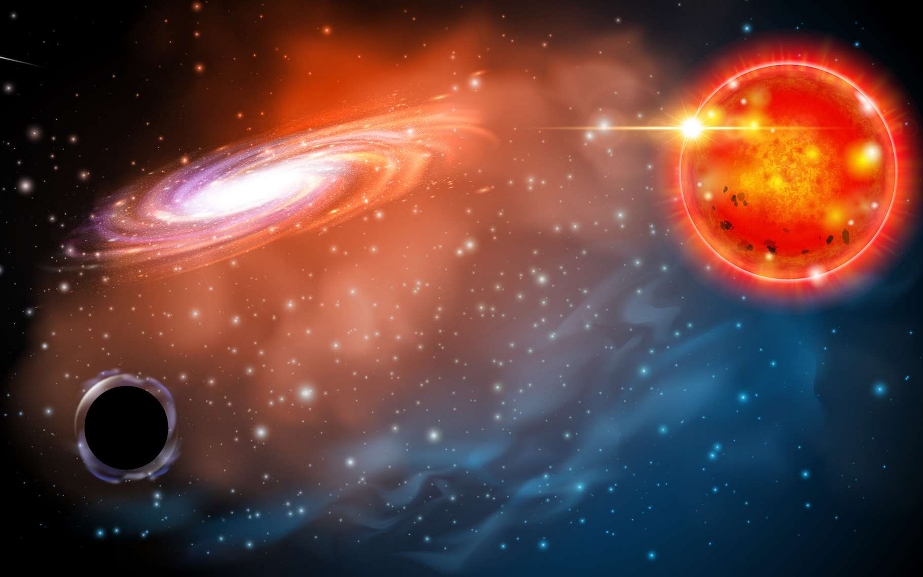 Ici, une vue d’artiste d’un petit trou noir en orbite autour d’une étoile géante rouge. Comme celui identifié par des astronomes de l’université d’État de l’Ohio (États-Unis). Un trou noir de « seulement » trois masses solaires, à quelque 1.500 années-lumière de notre Terre. © Université d’État de l’Ohio
