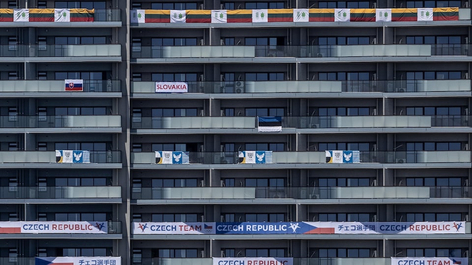 They decorate the balconies of apartments in the Olympic Village in Tokyo.