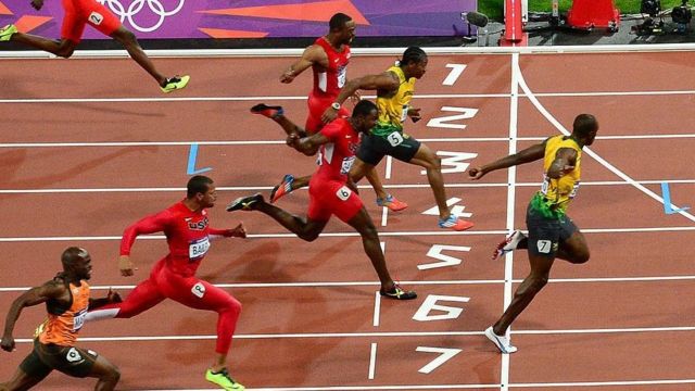 The finish line in the men's 100m at the 2012 London Olympics
