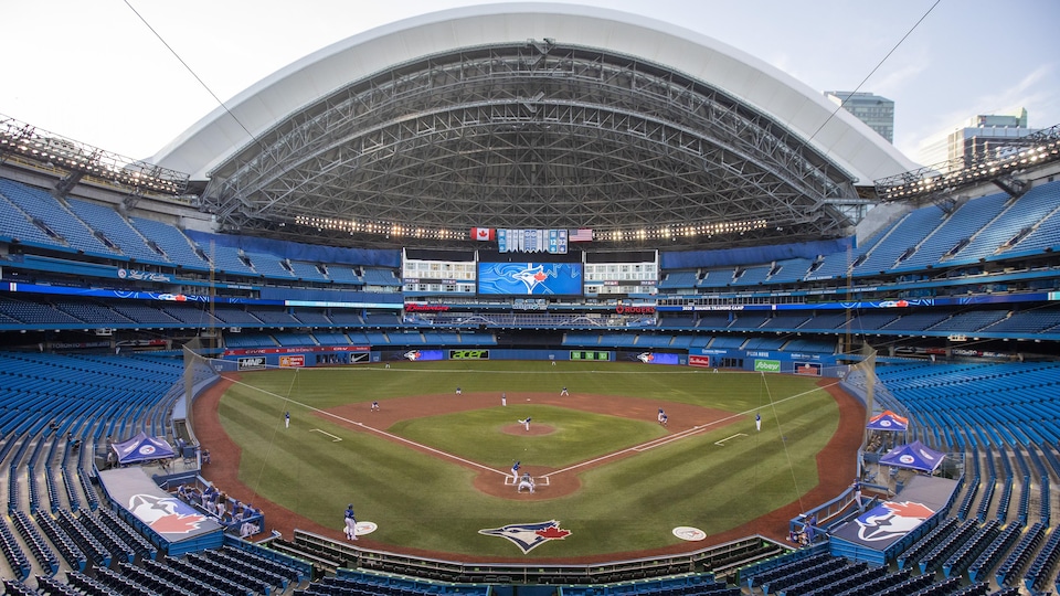 Interior view of Rogers Center, which includes a baseball field.