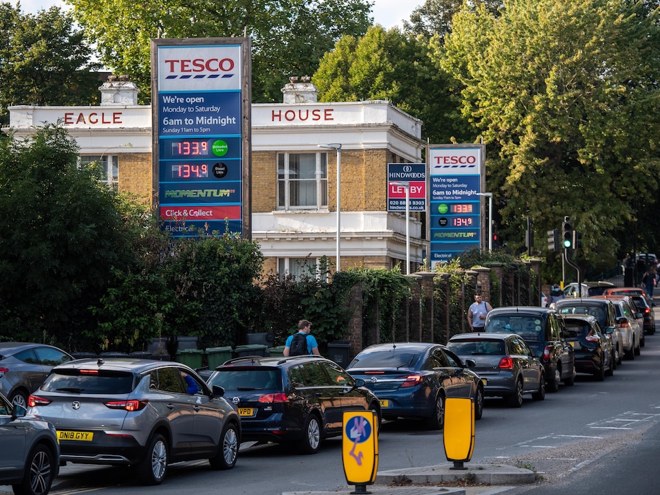 Motorists queue for fuel at a Tesco station in Lewisham, London.
