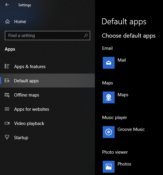 Default Apps tab in Windows 10 Settings app