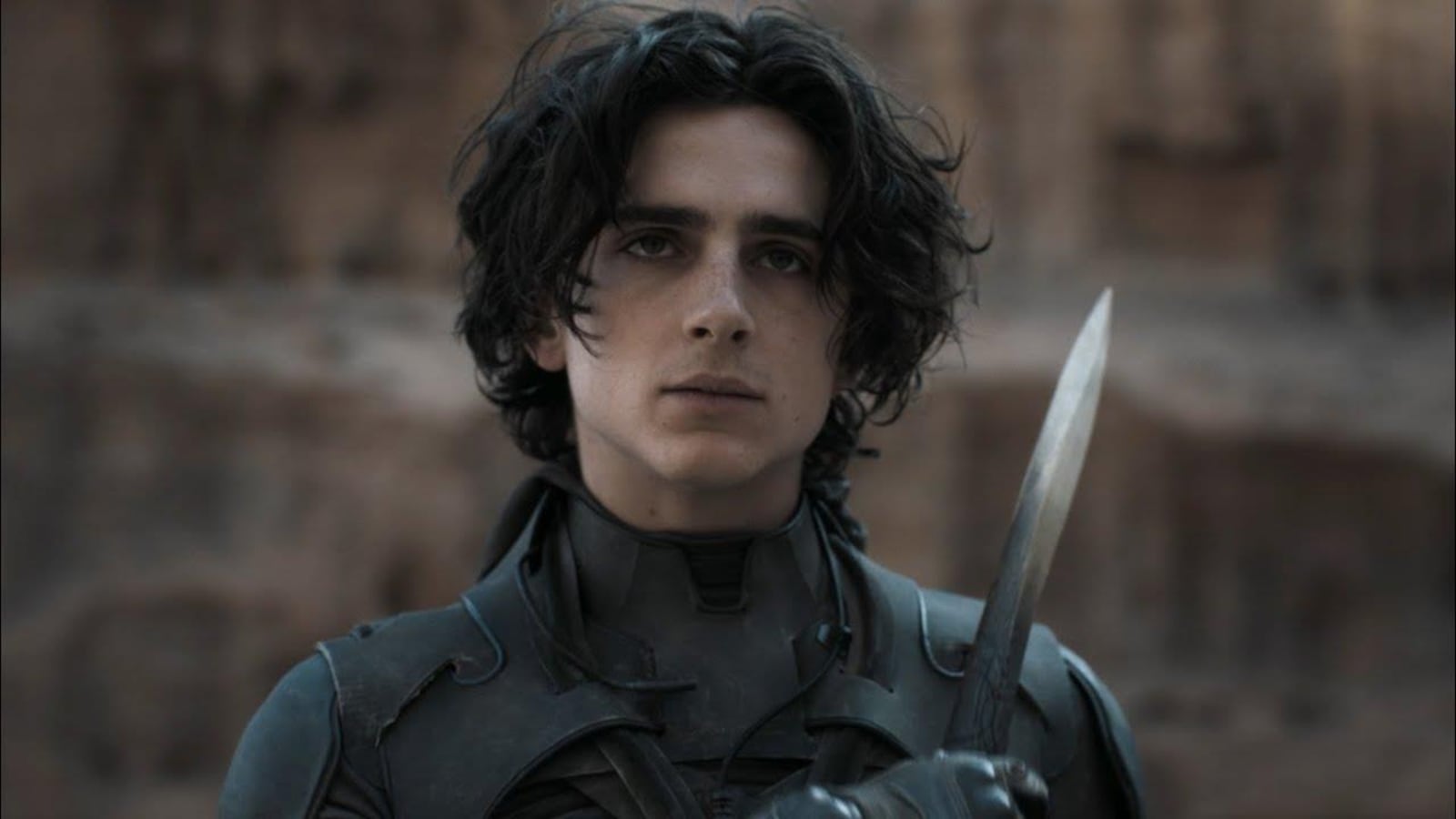 A young man (Timothée Chalamet) in combat gear and a dagger.