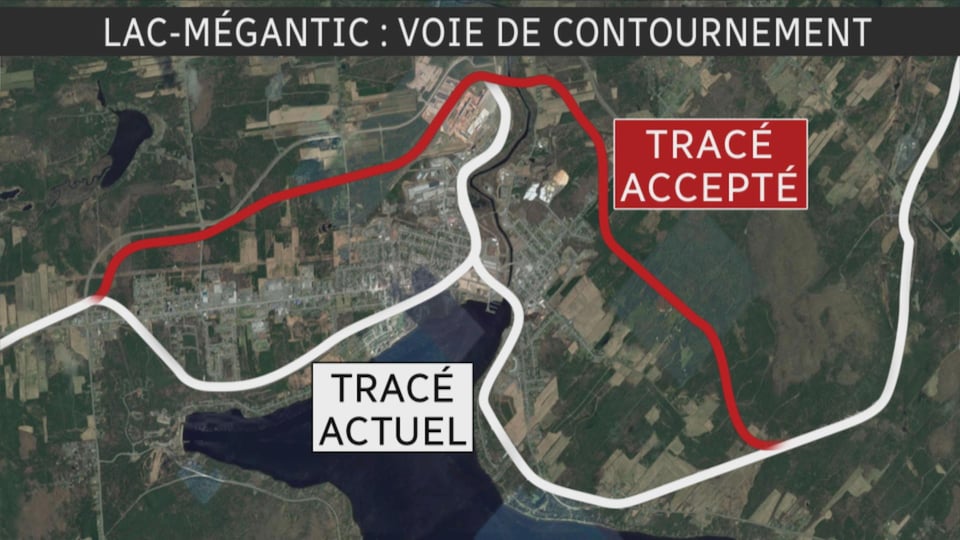 Current and accepted routes for the Lac-Mégantic bypass.