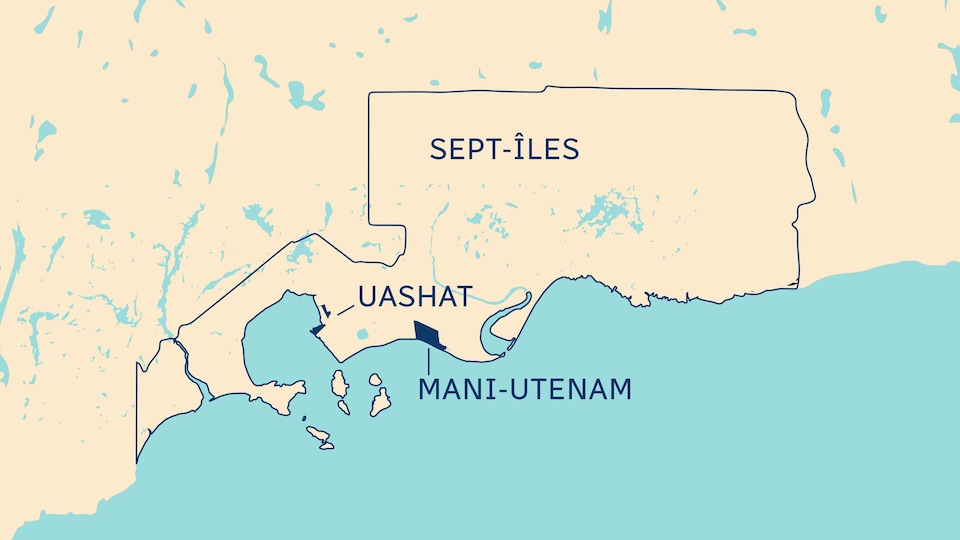 Map showing the location of the Innu communities in Uashat, Mani-utenam and the city of Sept-les.