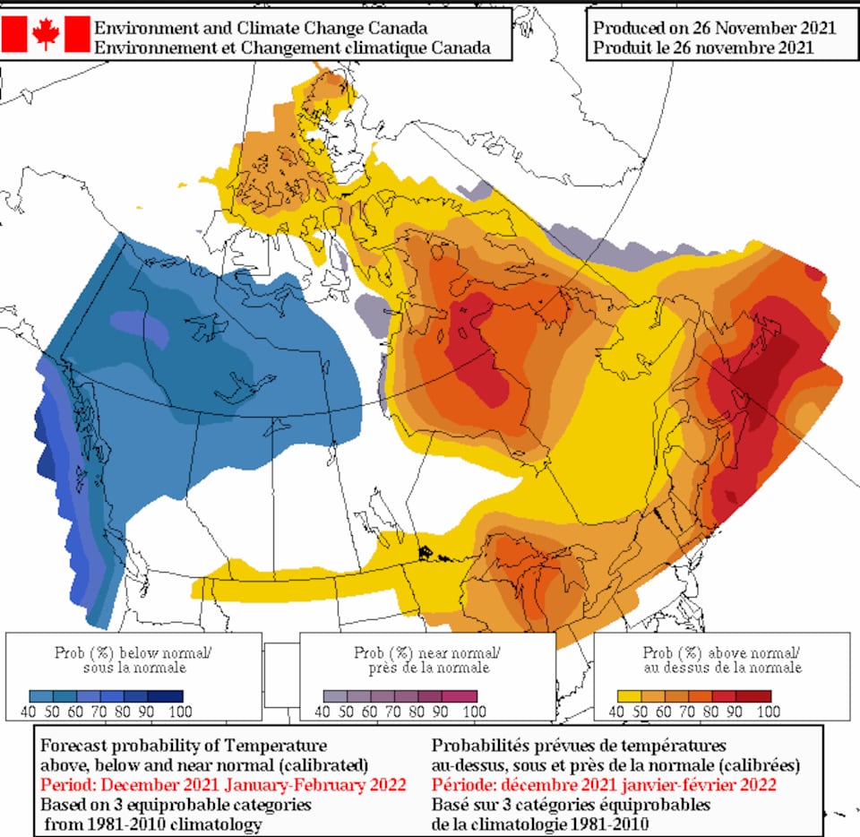 Temperatures projected by Environment Canada for the period from December to February.