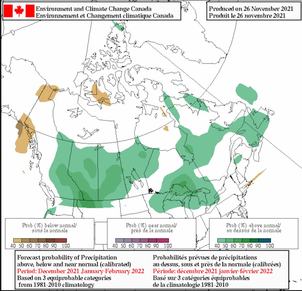 Rainfall forecast from December to February by Environment Canada.