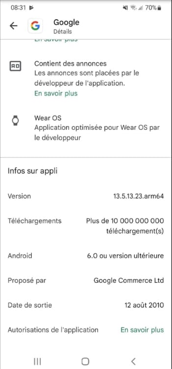 play store infos version android
