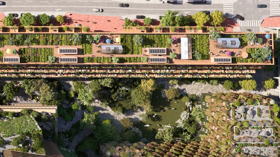 A display showing urban farming on rooftops, parks and greenhouses.  Community Forest, by SLA Landscape Architects.