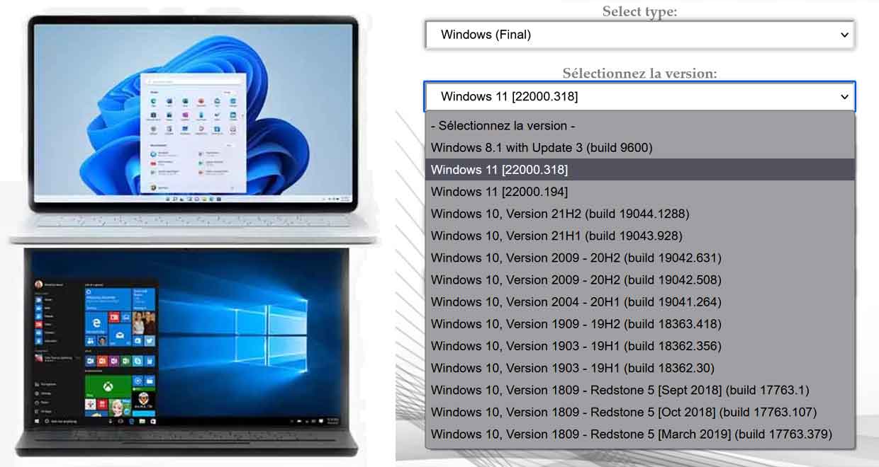 Images ISO de Windows 10 et Windows 11, Service TechBench