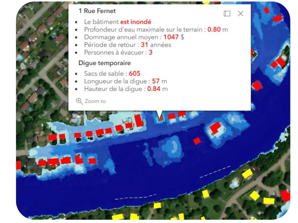Screenshot of a river map with information about a flooded building