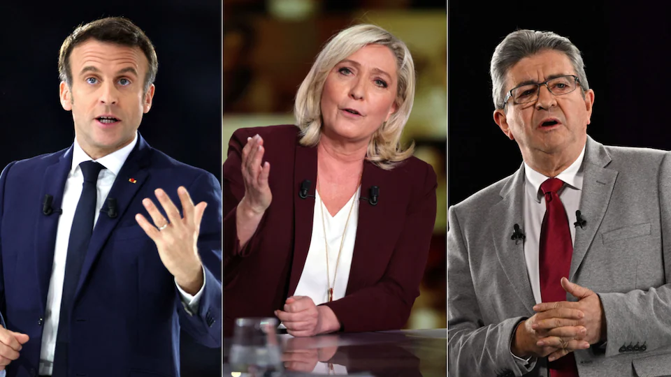Composite photo of Emmanuel Macron, Marine Le Pen and Jean-Luc Mélenchon