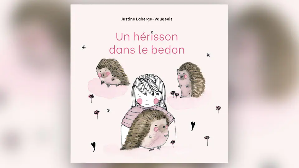 A little girl and three hedgehogs are drawn on the cover of the book, and there are also little flowers and hearts. 