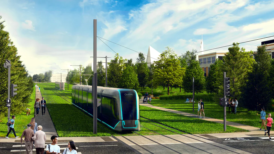 Diagram showing a tram line running on its grassy platform as it approaches an intersection with Hochelaga Street.
