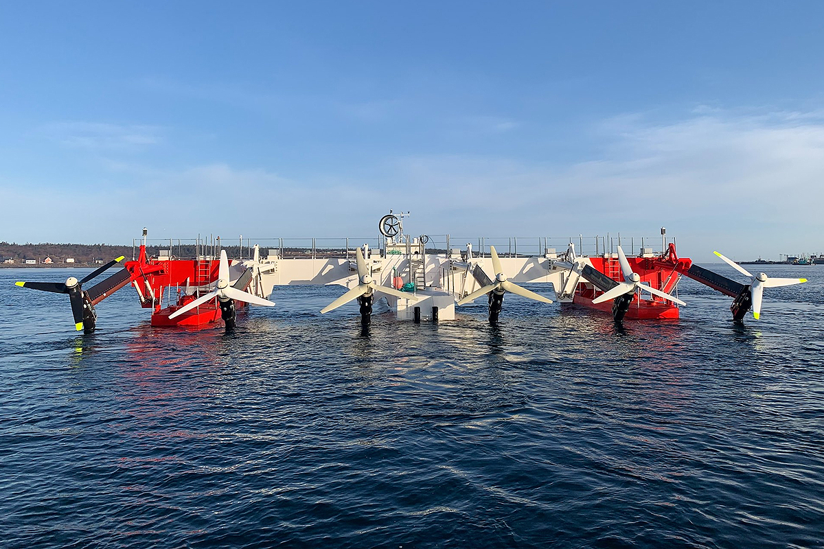 Tidal turbines connected to a floating platform produce enough power to power 150 homes


