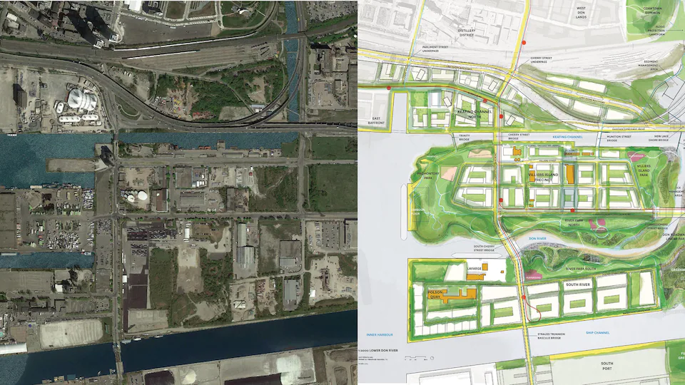 Aerial image on the left, artist drawing on the right.