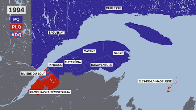 Eastern Quebec turned blue again in 1994, except for the islands, at Kamouraska-Témiscouata and Rivière-du-Loup.