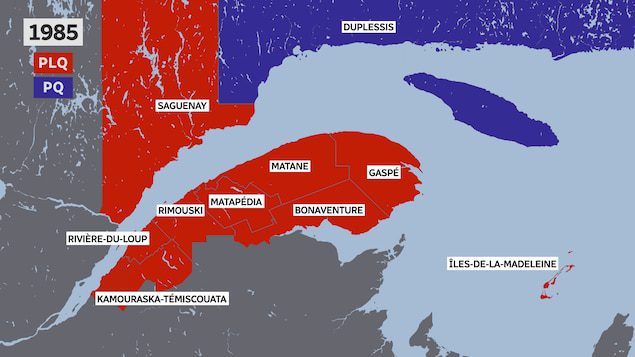 The 1985 elections made Eastern Quebec red, with the exception of Duplessis County.